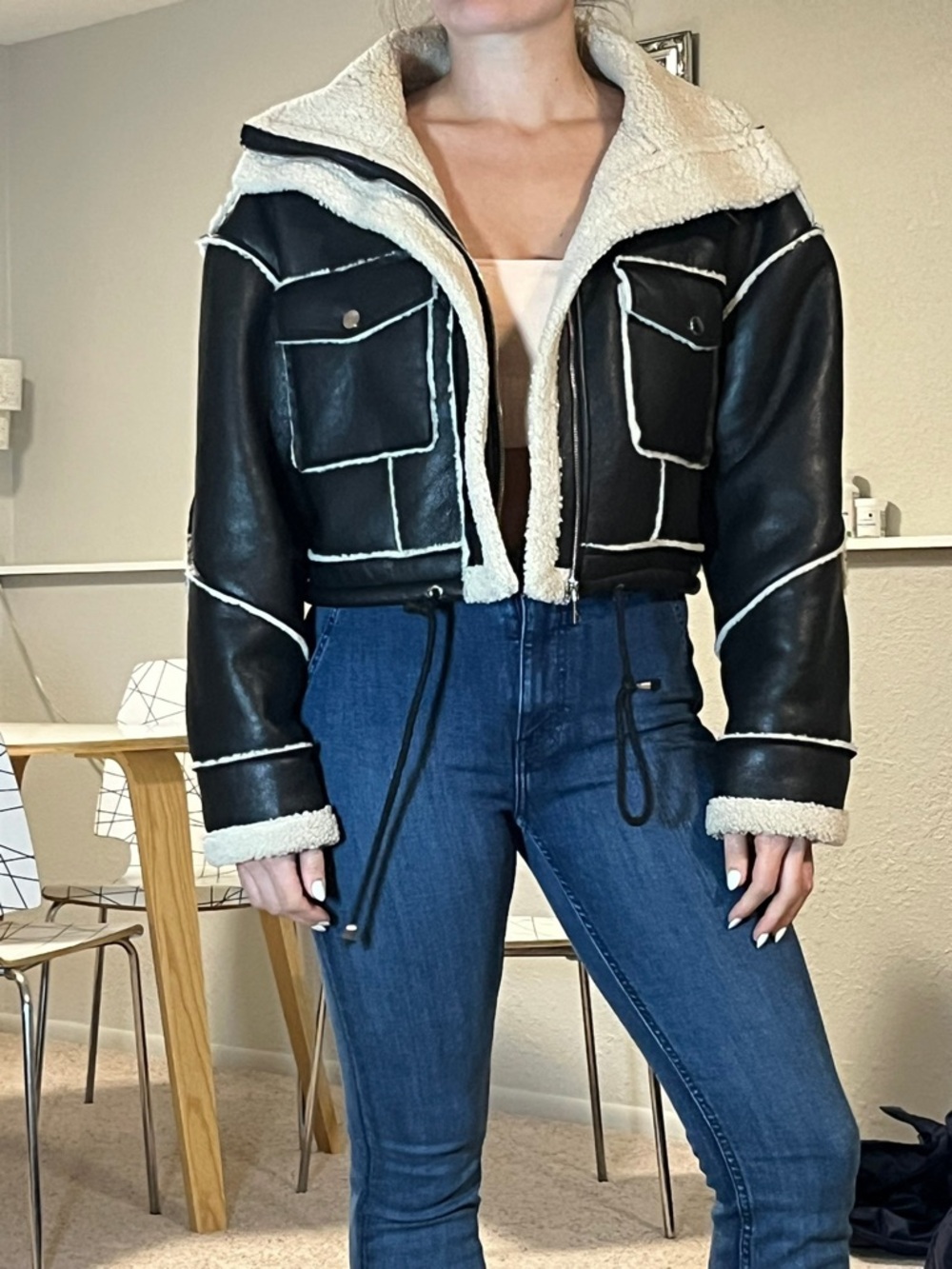 Blank NYC Black Faux Leather Cropped Bomber Jacket with Cream Shearling